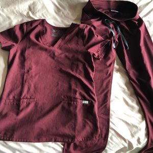 Figs wine red scrubs-3 pocket top and cargo pants